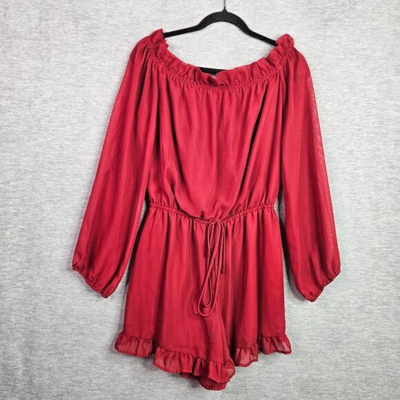 Lulus Pants - Lulu's Red Ruffle Hem Off the Shoulder Long Sleeve Jumpsuit Women's Size XL